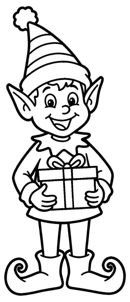 Cheerful standing elf with pointed ears and hat, curly-toed shoes, holding a gift, free printable coloring page