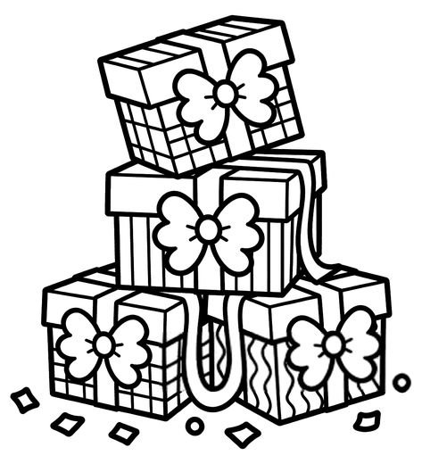 Four wrapped gift boxes stacked with thick ribbons and big bows, free printable coloring page