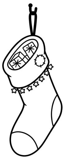 Large Christmas stocking on a hook with patterned cuff and small gifts, free printable coloring page