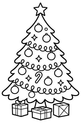 Tall Christmas tree with round ornaments, top star, and gifts, free printable coloring page