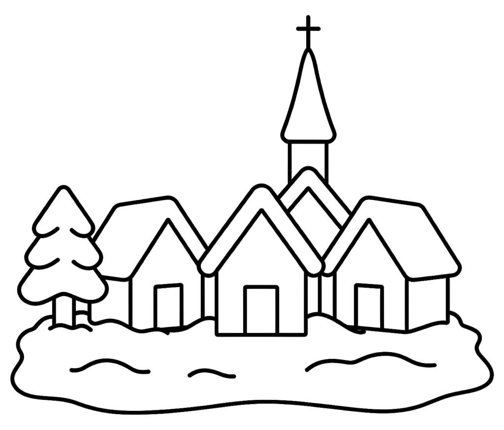 Three houses in a row with church steeple, snowy ground, and pine tree, free printable coloring page