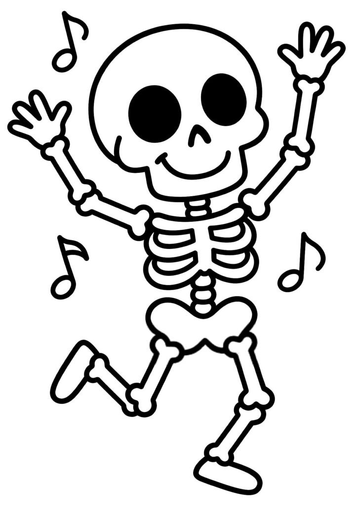 A cartoon skeleton dancing with arms up and one leg lifted beside musical notes, free printable coloring page