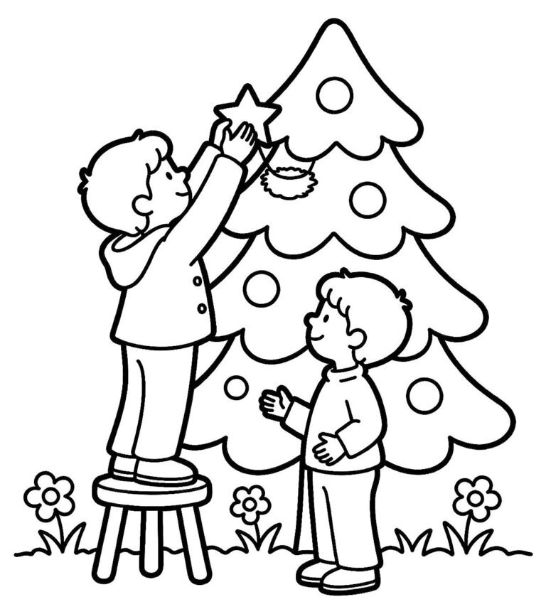 Child on a small stool hanging an ornament on a tall tree, free printable coloring page