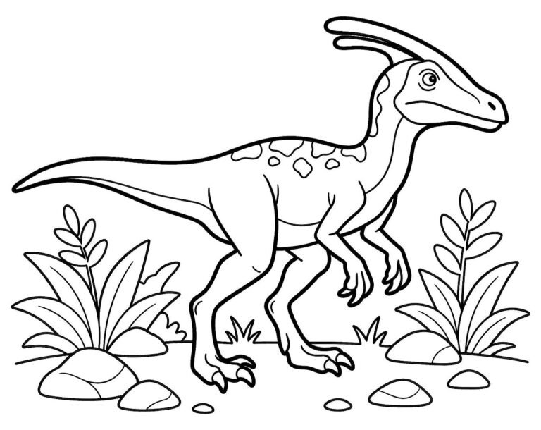 Dilophosaurus standing alert beside riverside plants and stones, free printable coloring page