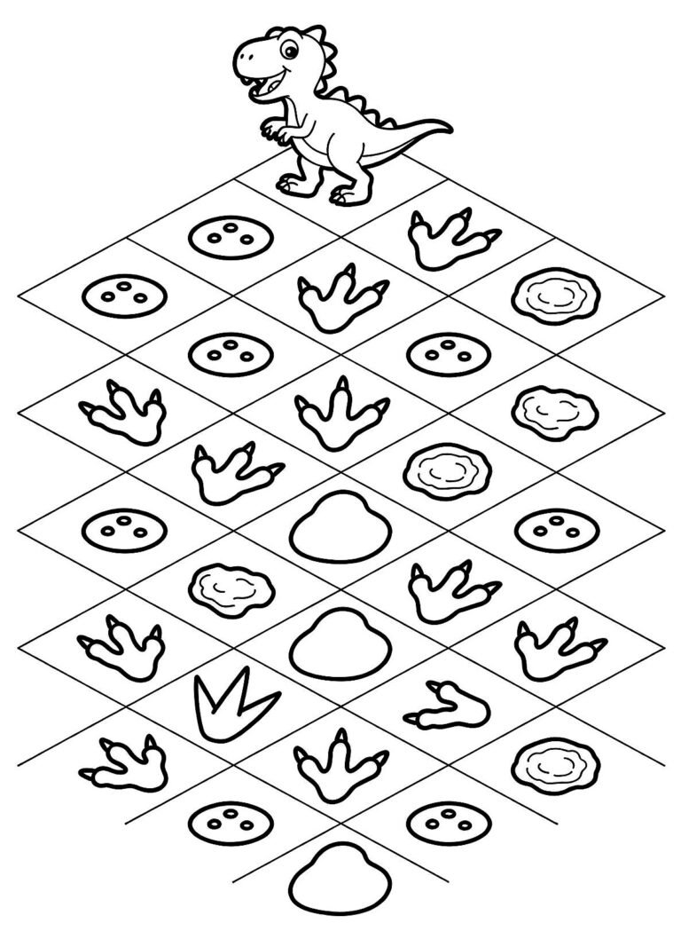 Grid of dinosaur footprints and fossil tracks with a small walking dinosaur, free printable coloring page