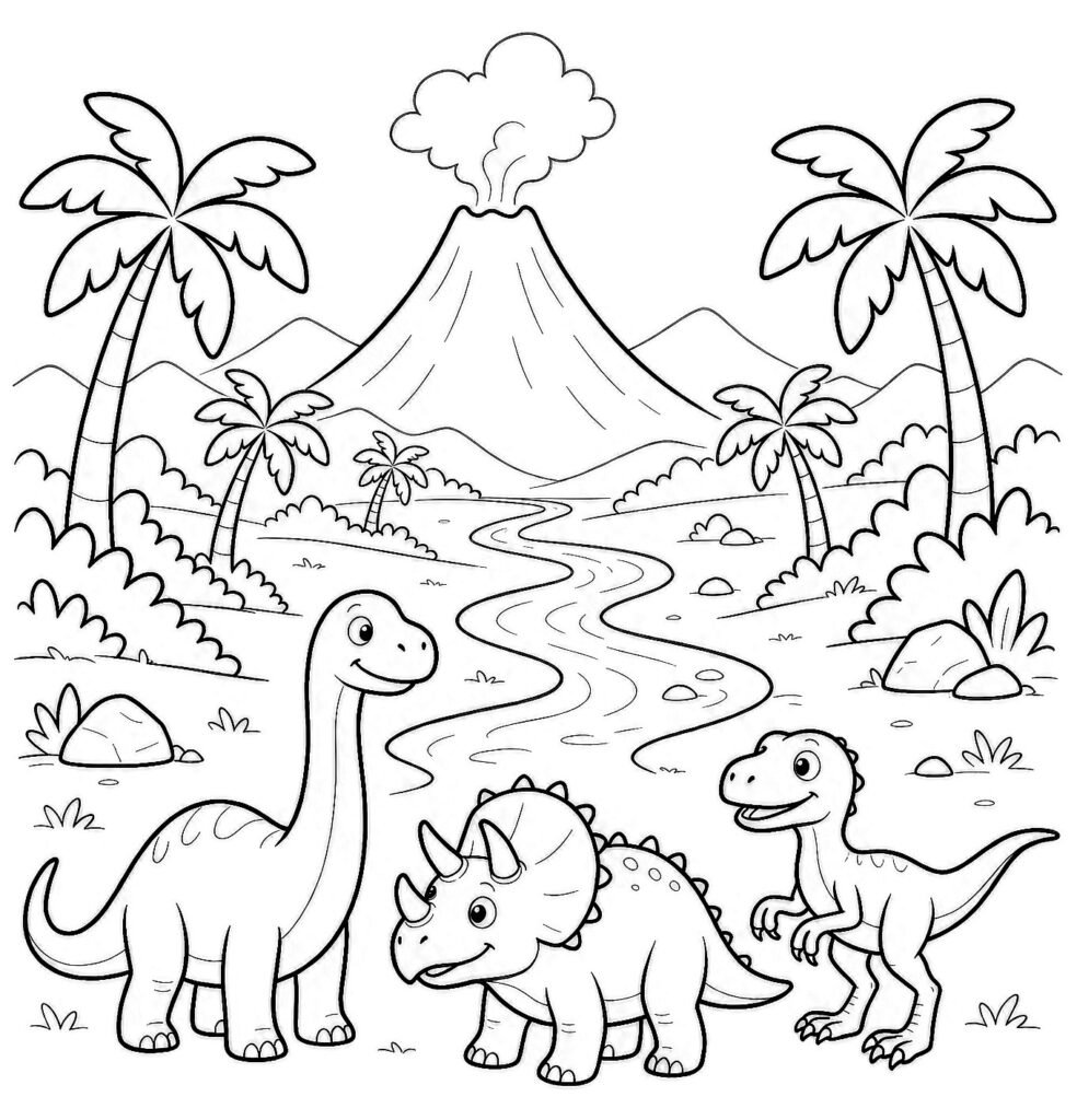 Prehistoric valley with volcano, river, palms, Brachiosaurus, Triceratops, and raptor, free printable coloring page