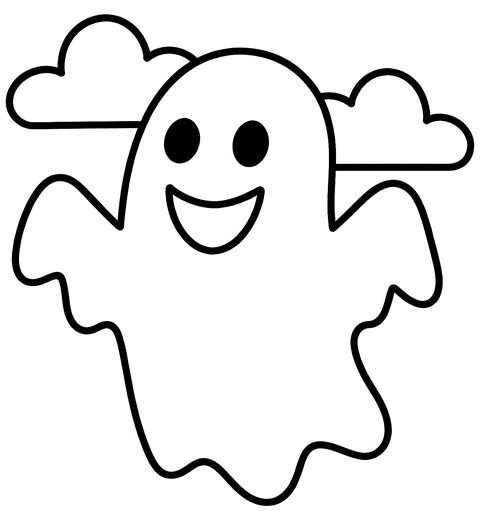 A smiling ghost with wavy edges and small rounded arms, clouds behind, free printable coloring page
