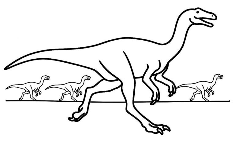 Ostrich-like Gallimimus running across a plain with smaller dinosaurs behind, free printable coloring page