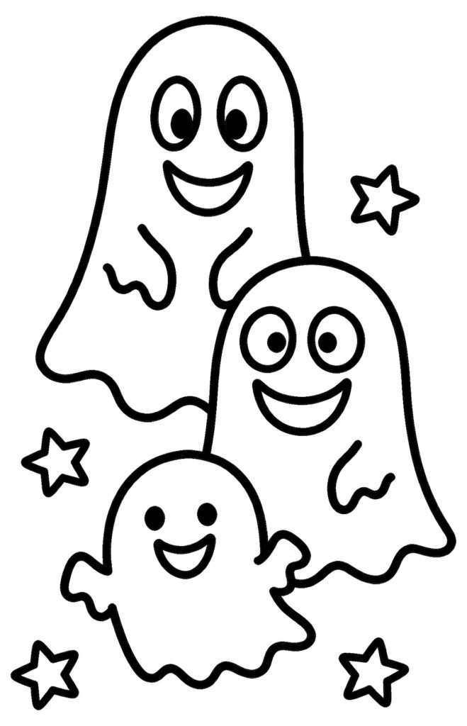 Three friendly ghosts of different heights floating with small stars, free printable coloring page