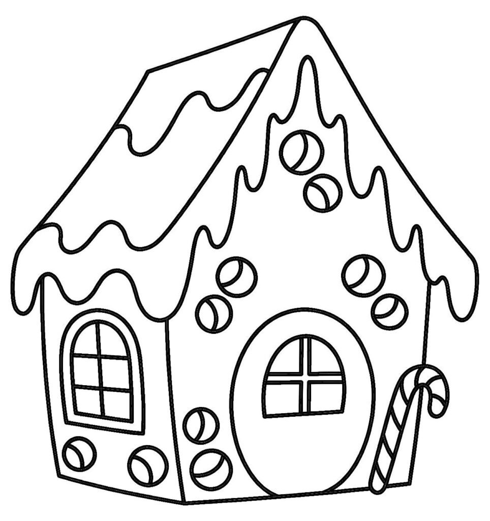 Gingerbread house with roof icing drips, wall candies, and candy cane, free printable coloring page