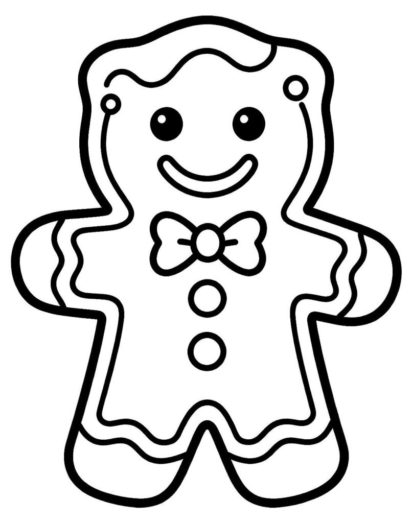 Standing gingerbread man with icing buttons and a bow tie, free printable coloring page