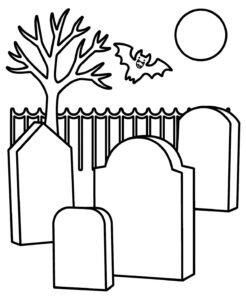 Graveyard Scene Coloring Page With Bat and Moon coloring page