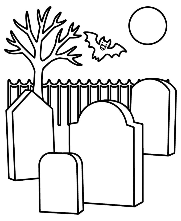 Three rounded headstones, a bare tree, an iron fence, a small bat and a moon, free printable coloring page