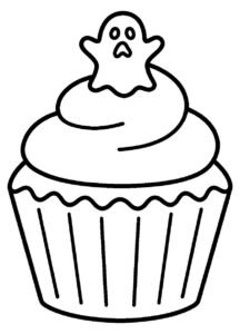 Halloween Cupcake Coloring Page with a Tiny Ghost coloring page