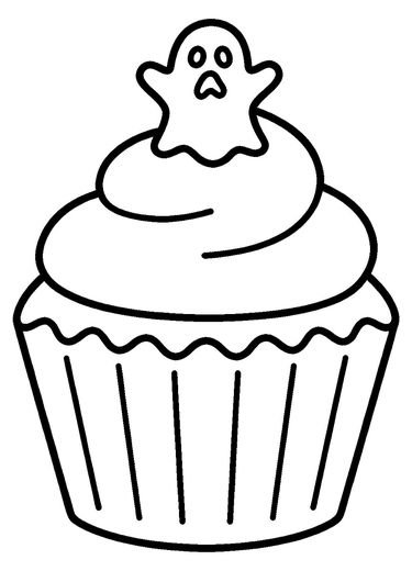 A tall cupcake with a thick swirl of frosting and a tiny ghost on top, free printable coloring page