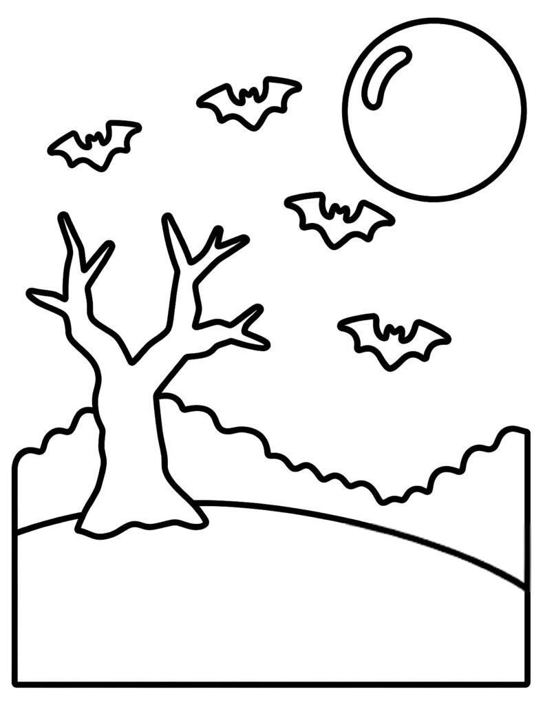 Large full moon above a hill with a crooked bare tree and three small bats, free printable coloring page