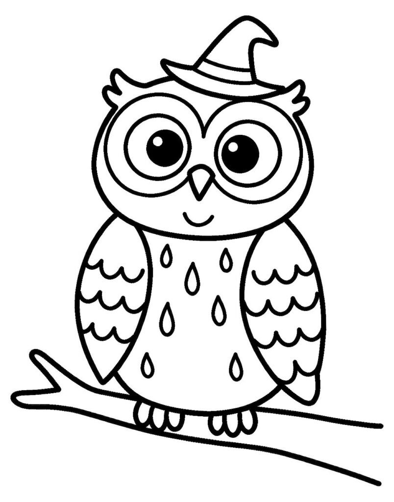 A wide-eyed owl on a bare branch wearing a small pointed witch hat, free printable coloring page
