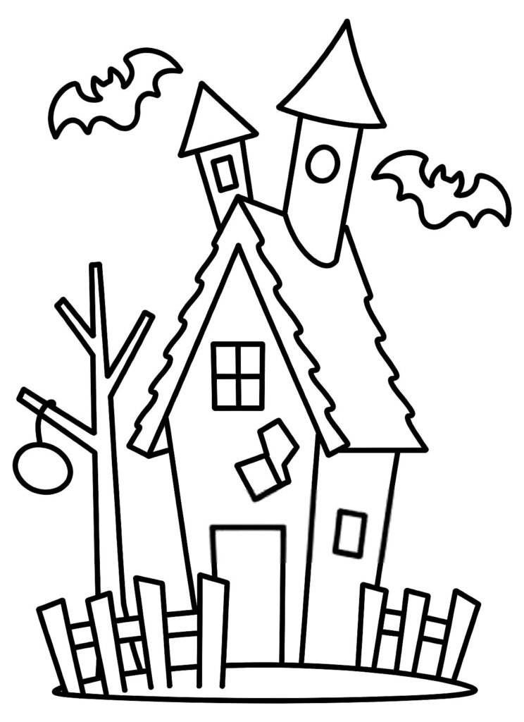 A crooked house with a tall roof, two towers, a bare tree, and bats above, free printable coloring page