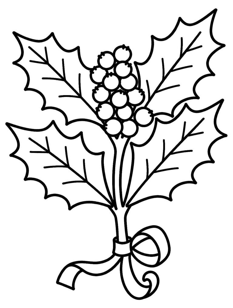 Holly sprig with three large leaves, berry clusters, and ribbon, free printable coloring page