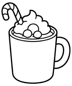 Hot Cocoa Coloring Page with Marshmallows and Candy Cane coloring page