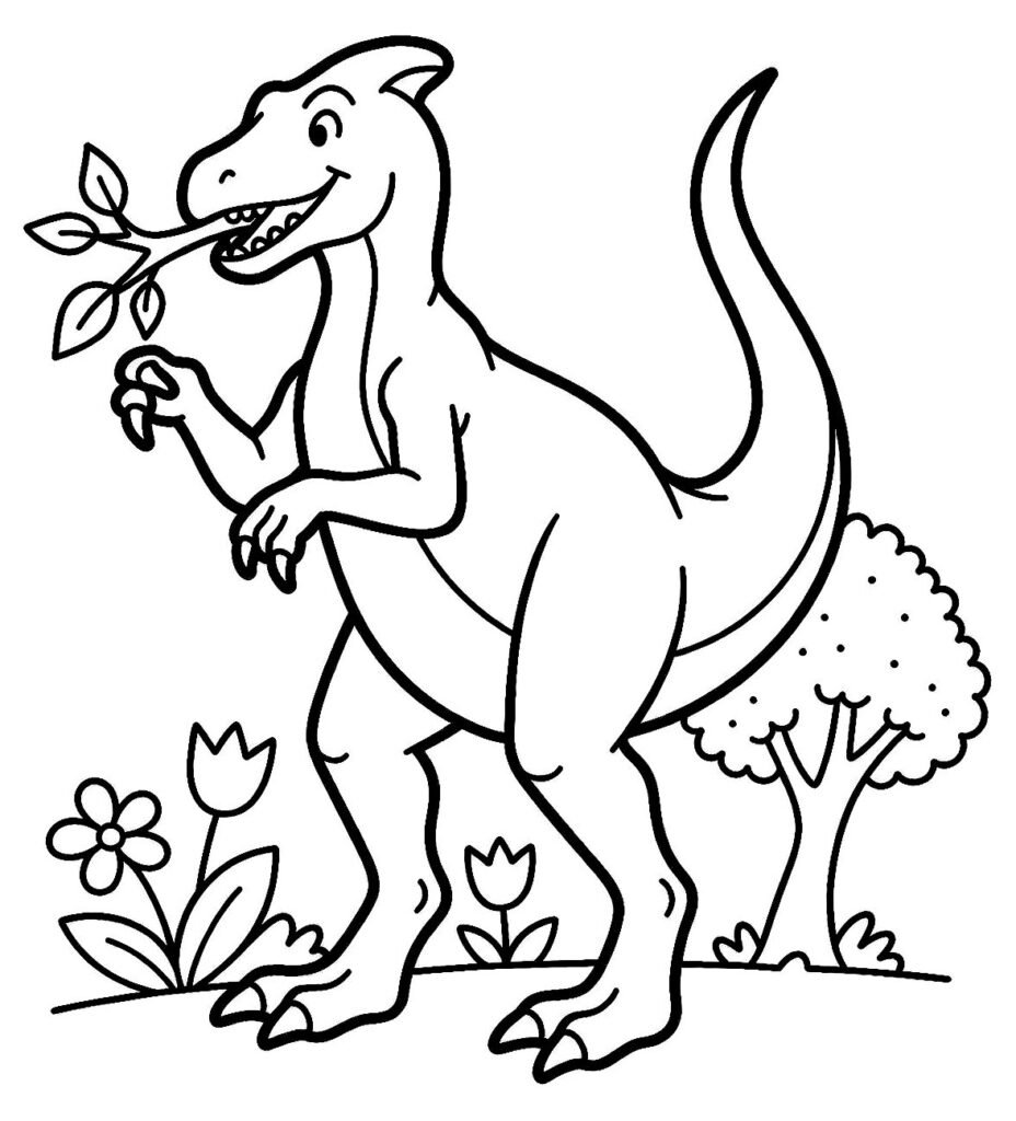 Iguanodon eating leaves with thumb spike visible beside ground plants, free printable coloring page