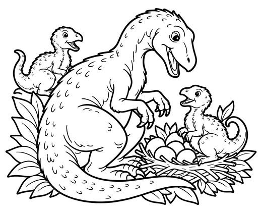 Mother Maiasaura beside a nest of eggs and hatchlings, free printable coloring page