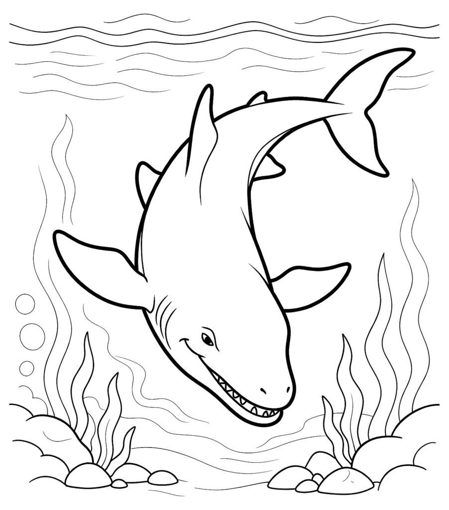 Mosasaurus marine reptile swimming through waves with bubbles and seaweed, free printable coloring page