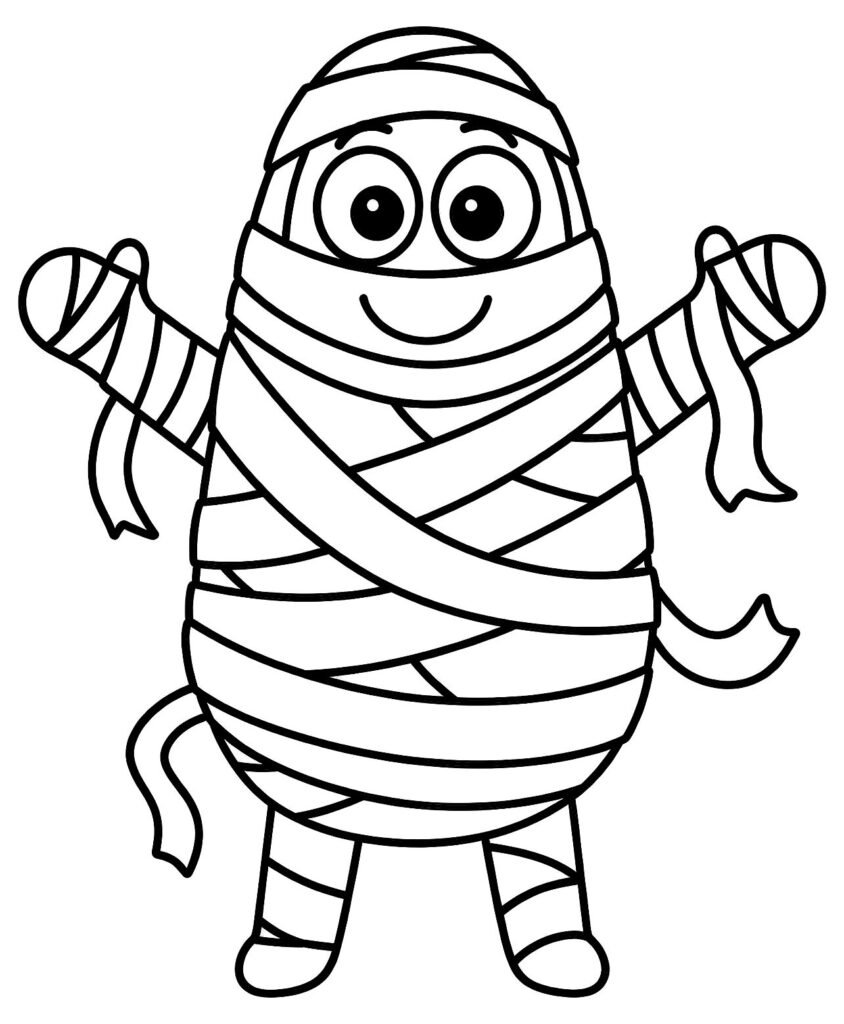 A friendly mummy in loose bandages with big eyes showing, arms slightly raised, free printable coloring page