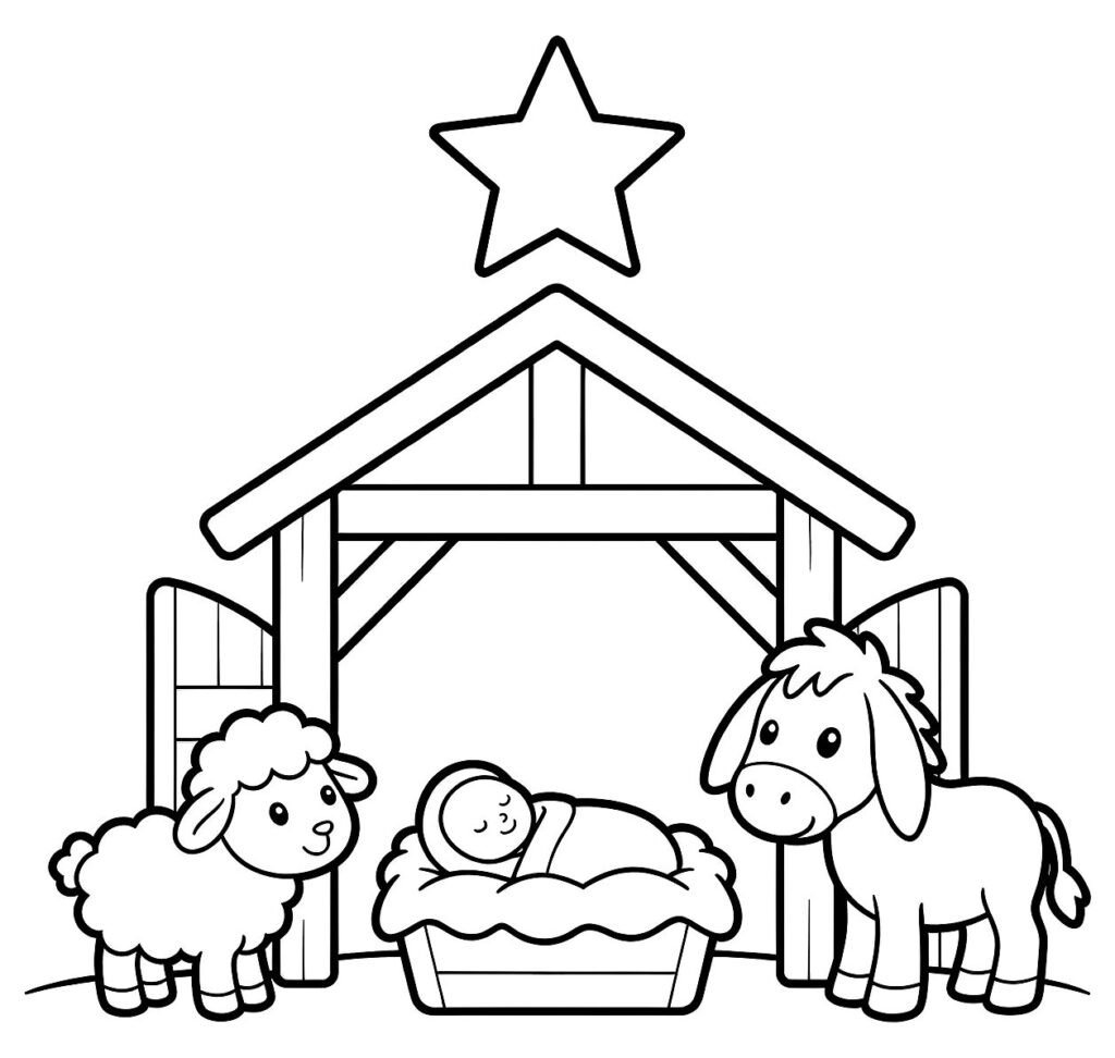 Open wooden stable with a manger and blanket, large star, sheep, and donkey, free printable coloring page