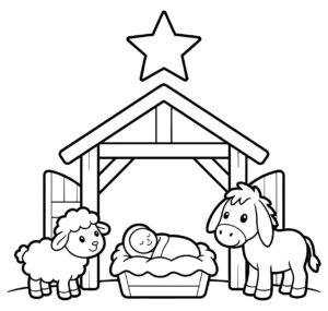 Peaceful Nativity Scene Coloring Page with Stable coloring page