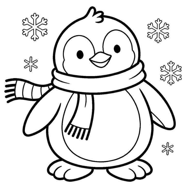Chubby penguin wearing a flying striped scarf and small hat with snowflakes, free printable coloring page