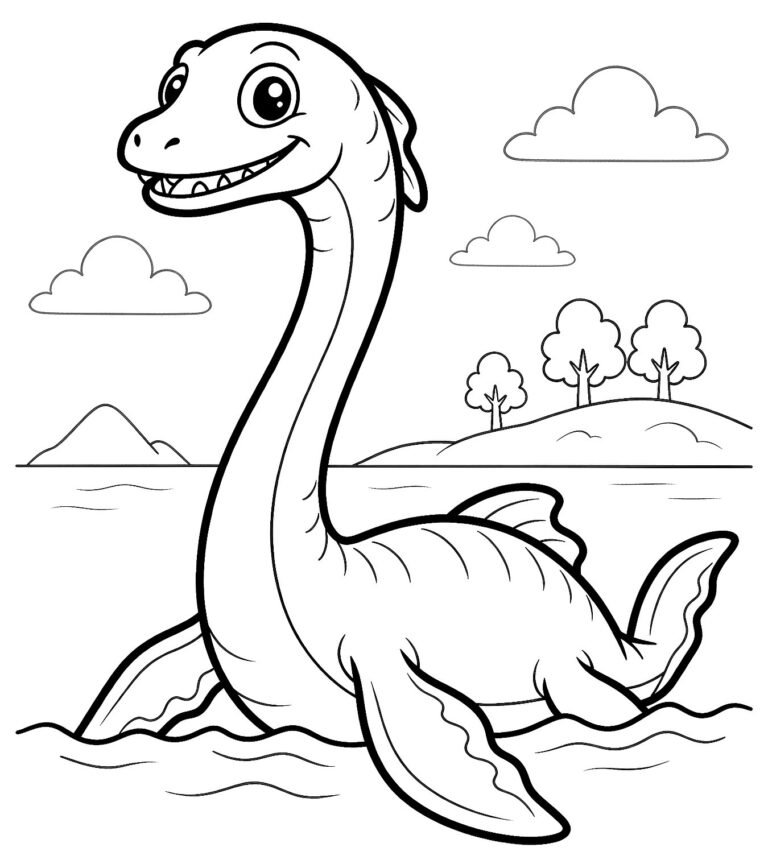 Long-necked Plesiosaurus surfacing with four flippers, island, and clouds, free printable coloring page