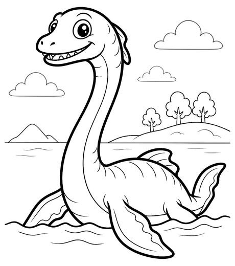 Long-necked Plesiosaurus surfacing with four flippers, island, and clouds, free printable coloring page