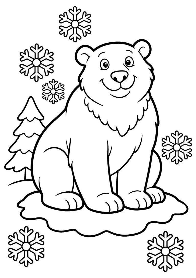 Friendly polar bear sitting on a snow mound beside a pine tree, free printable coloring page