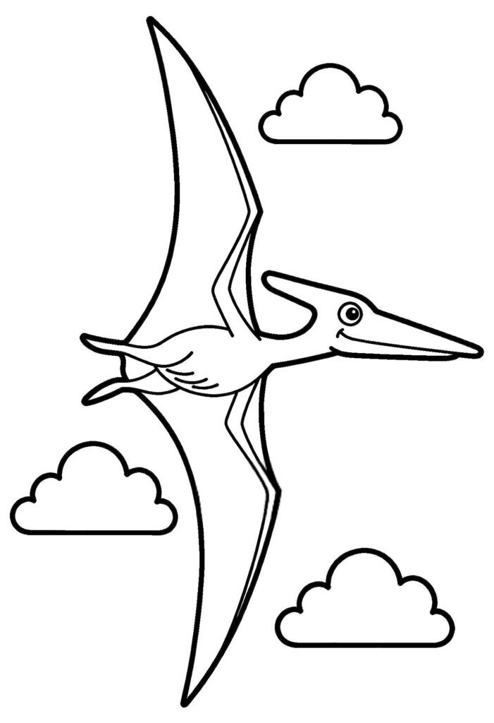 Pteranodon gliding above clouds with wide wings and long crest, free printable coloring page