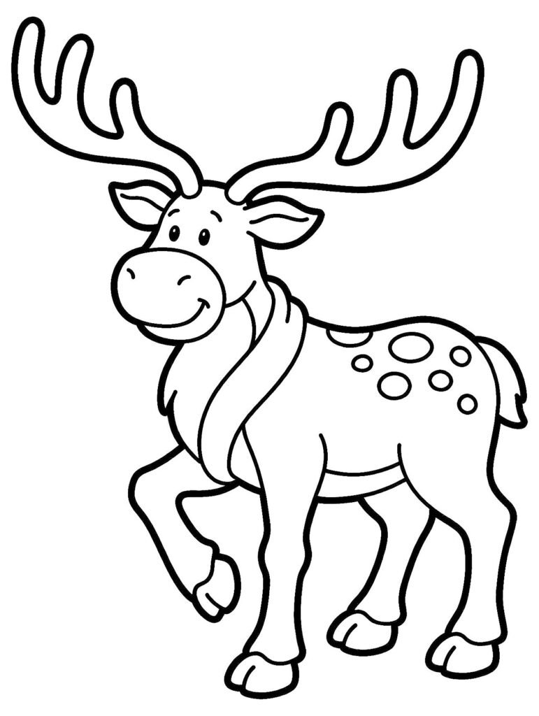 Standing reindeer with wide branched antlers and winter scarf, free printable coloring page