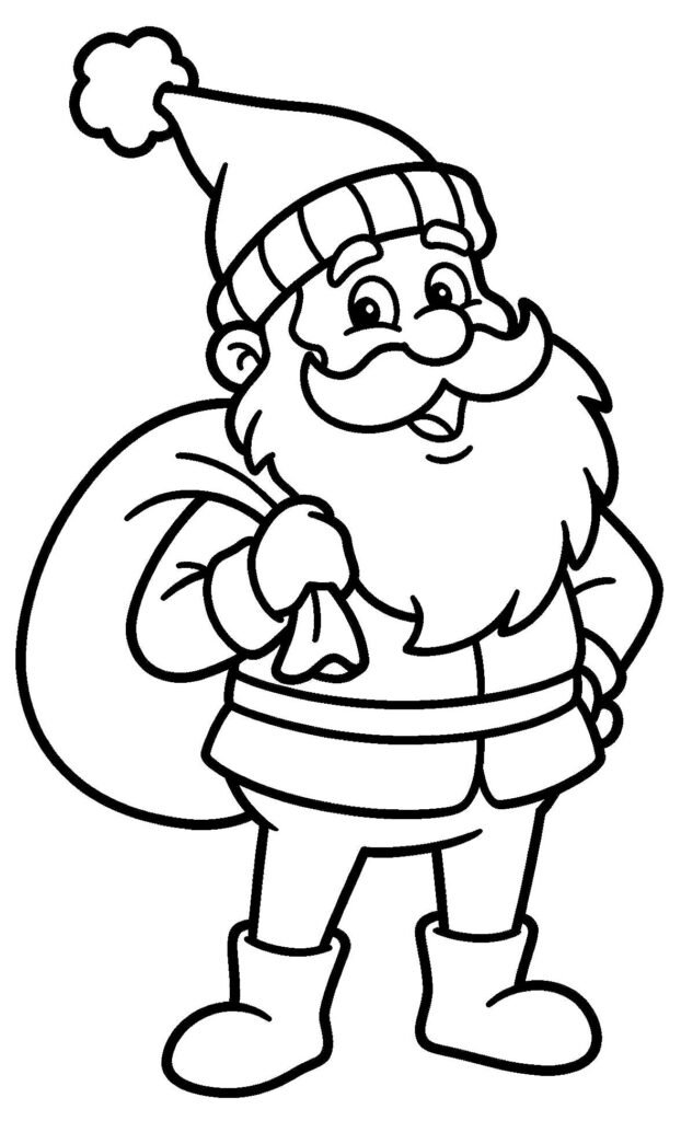 Cheerful full-body Santa Claus with big beard and gift sack, free printable coloring page