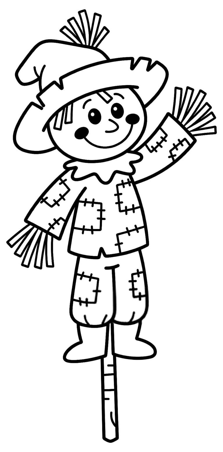 Friendly scarecrow in a floppy hat and patchwork shirt on a wooden pole, free printable coloring page