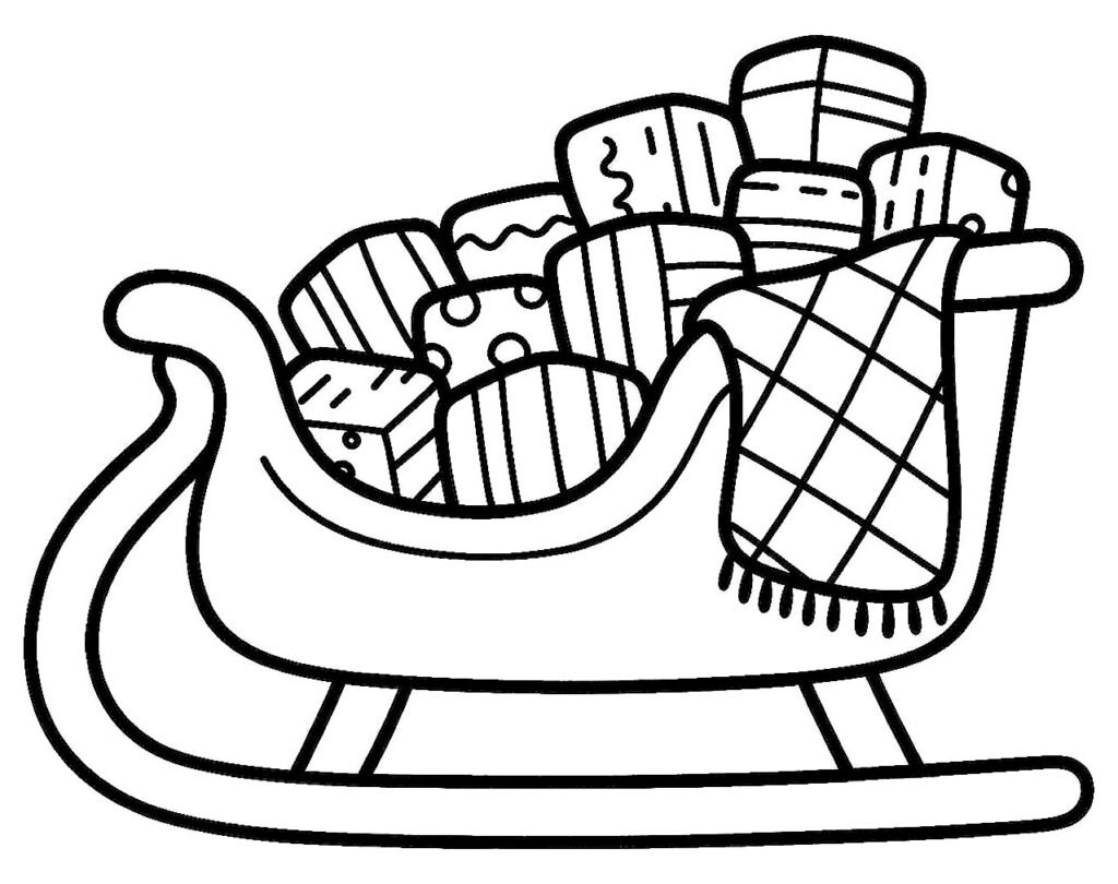 Wooden sleigh in side view loaded with wrapped gifts and plaid blanket, free printable coloring page