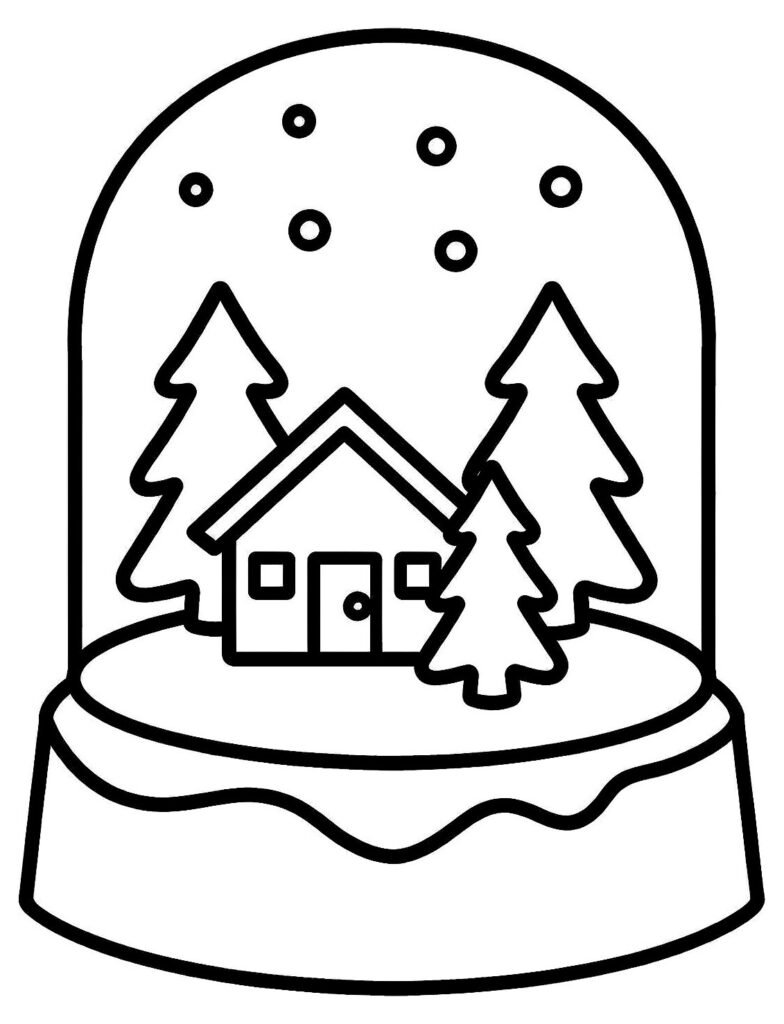 Snow globe on round base with tiny house, three pine trees, and snow dots, free printable coloring page