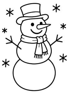 Snowman Coloring Page with Top Hat, Scarf, and Snow coloring page