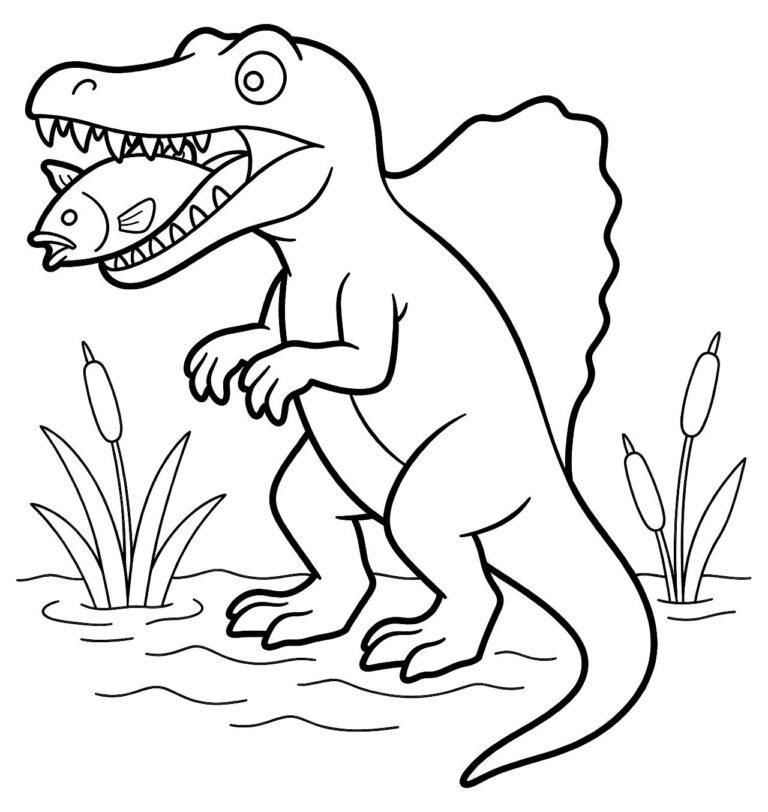 Spinosaurus catching a fish in shallow water with sail and reeds, free printable coloring page