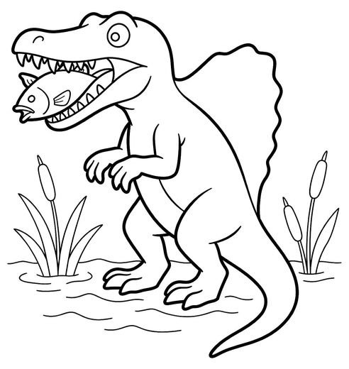 Spinosaurus catching a fish in shallow water with sail and reeds, free printable coloring page