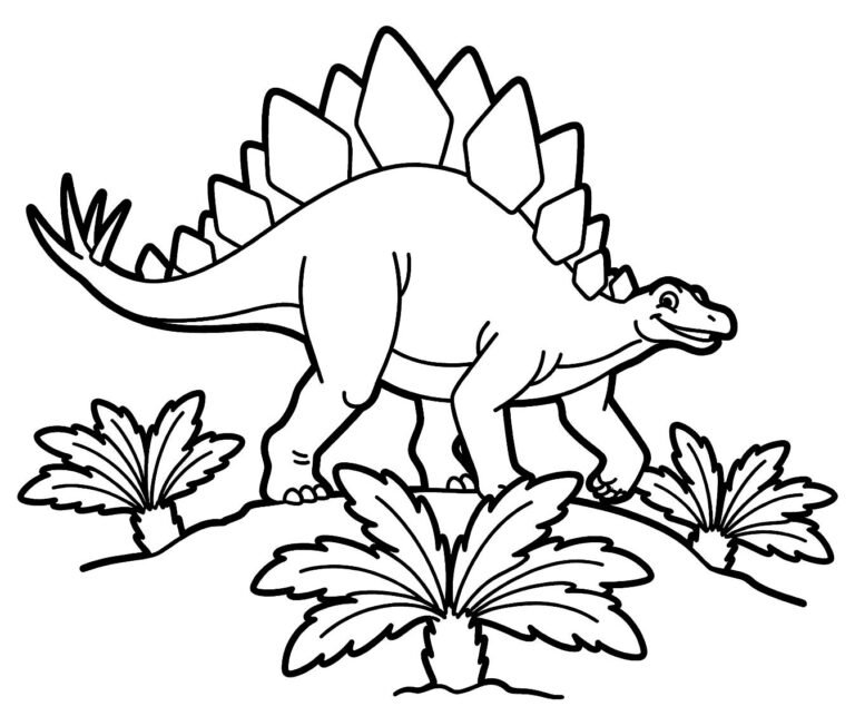Stegosaurus walking past cycads with plates and spiked tail, free printable coloring page