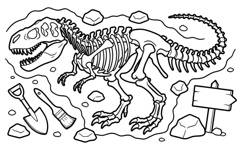 Tyrannosaurus rex fossil skeleton in a dig site with brush, trowel, and rocks, free printable coloring page