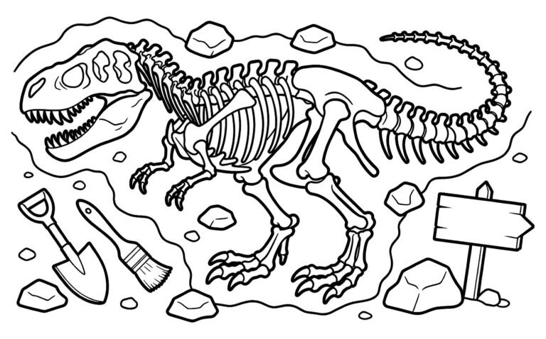 Tyrannosaurus rex fossil skeleton in a dig site with brush, trowel, and rocks, free printable coloring page