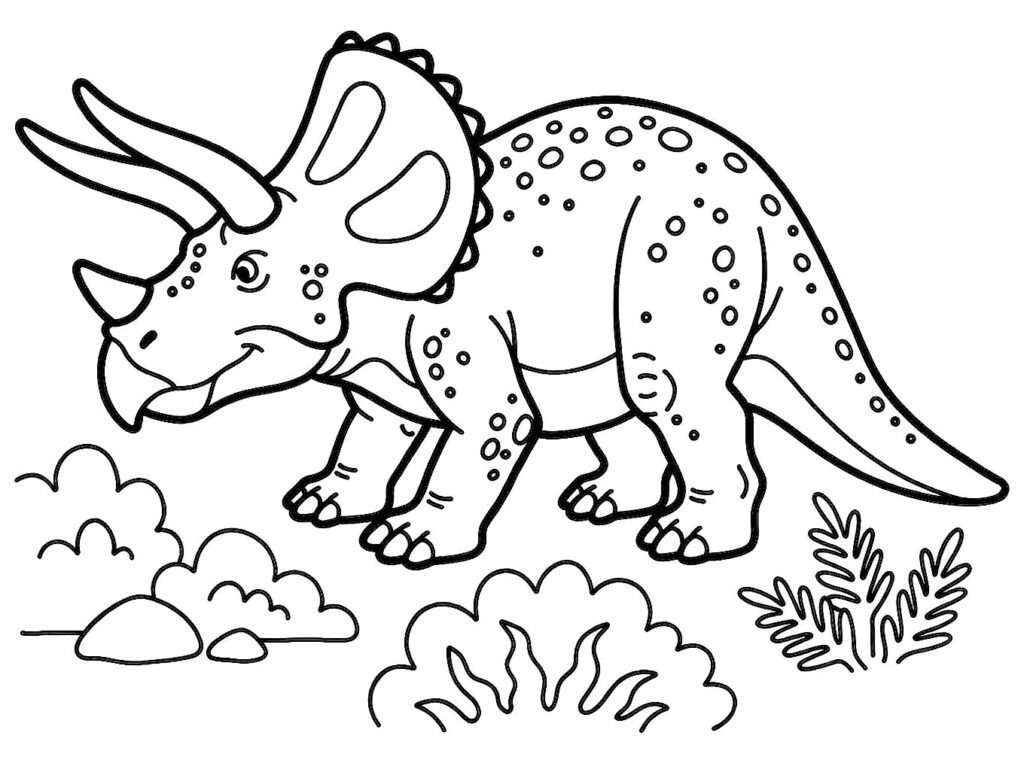 Three-horned Triceratops grazing beside prehistoric bushes, free printable coloring page