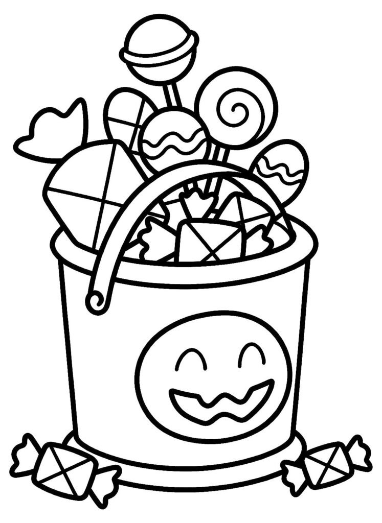 A candy bucket with a handle, wrapped candies, lollipops, and loose candy, free printable coloring page