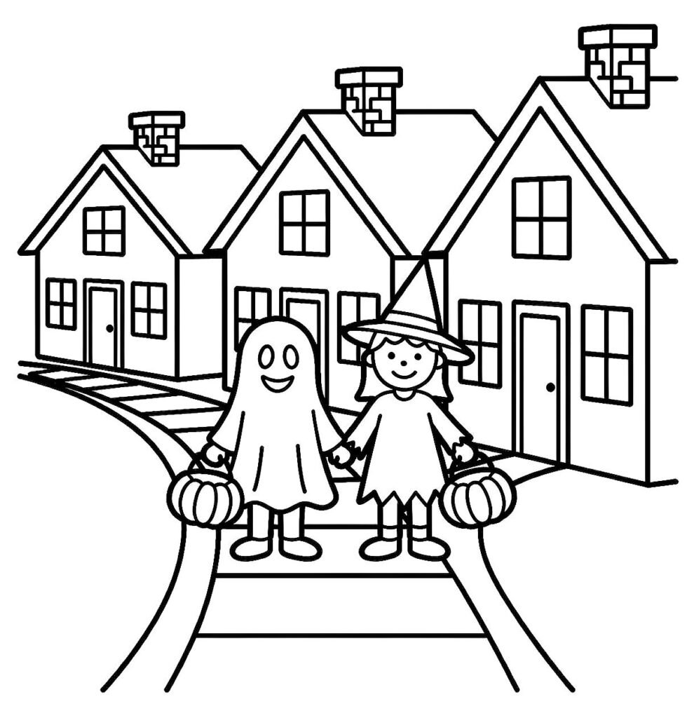 Two costumed children with candy buckets in front of three simple houses, free printable coloring page