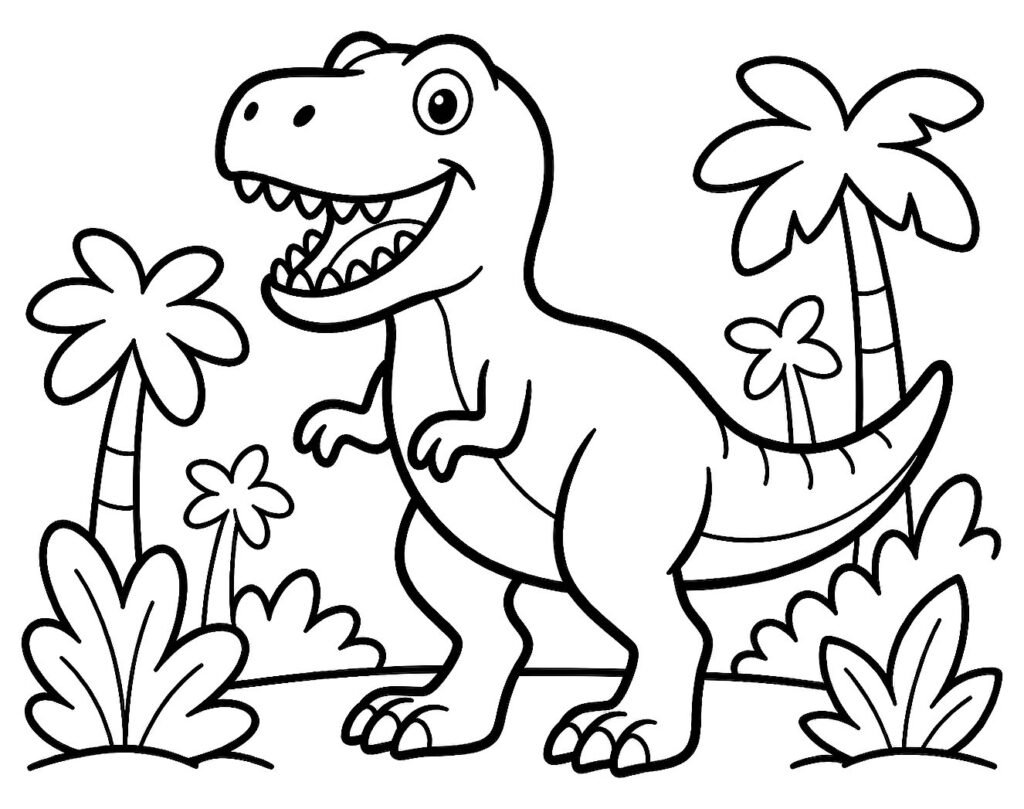 Tyrannosaurus rex roaring among palms and ferns, free printable coloring page
